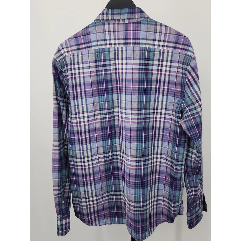 Banana Republic Mens Untucked Fit Plaid Button Down Shirt Purple Teal Large